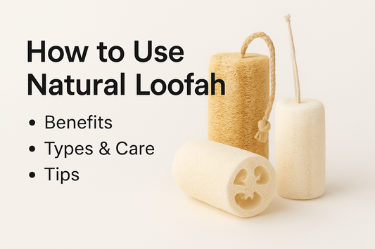 Educational graphic showing three types of natural loofahs with text on how to use them, including benefits, types, and care tips.
