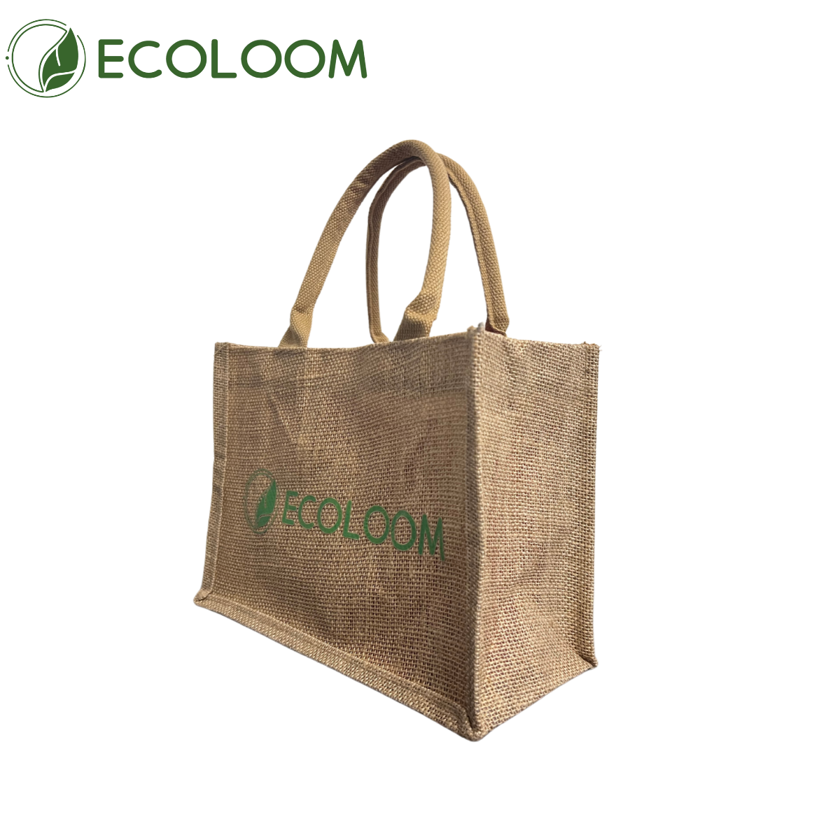 Eco-friendly natural jute tote bag with Ecoloom logo for reusable shopping and storage